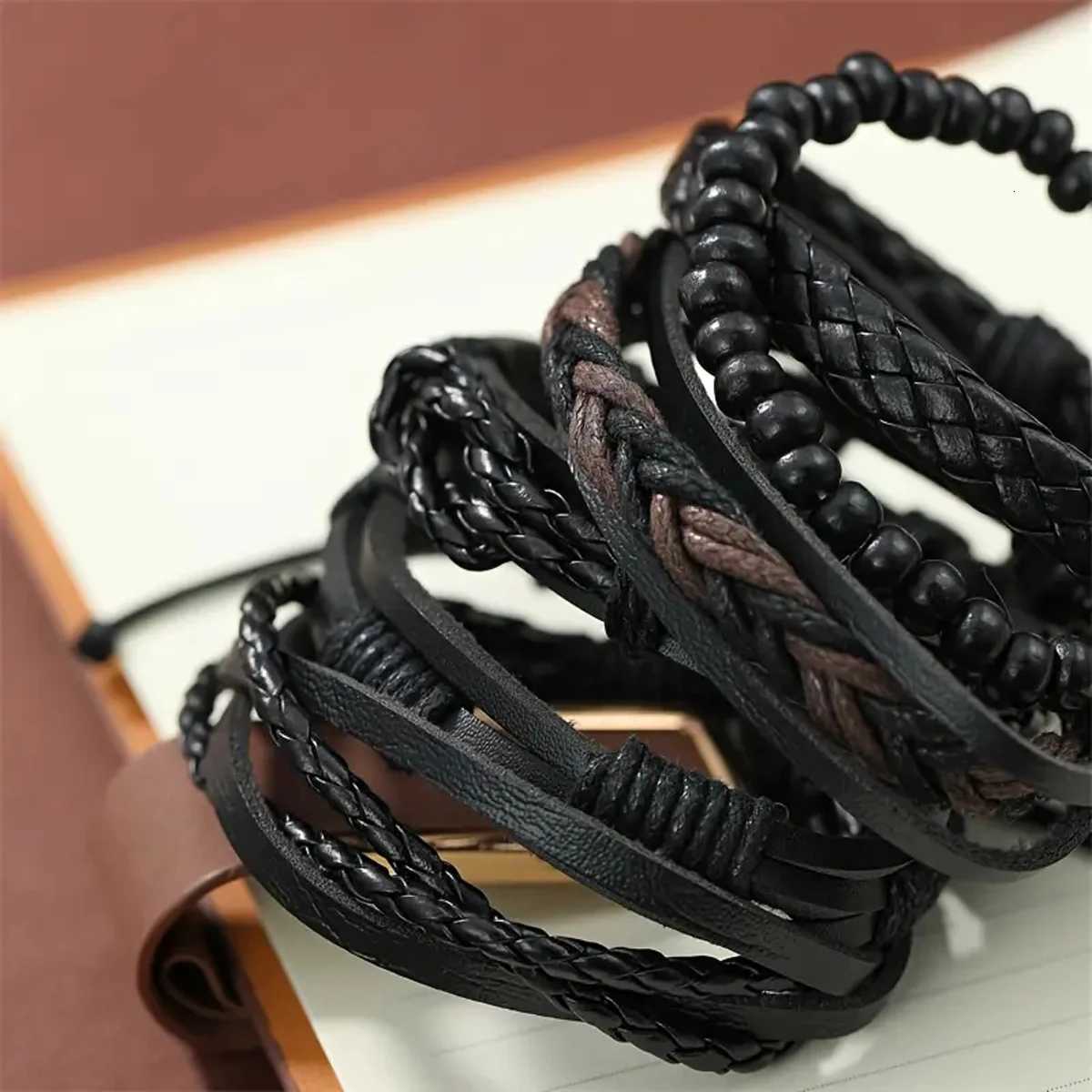6pcs Mens PU Leather Punk Street Style Black Handmade Men Minimalist Twist Bracelet W251206