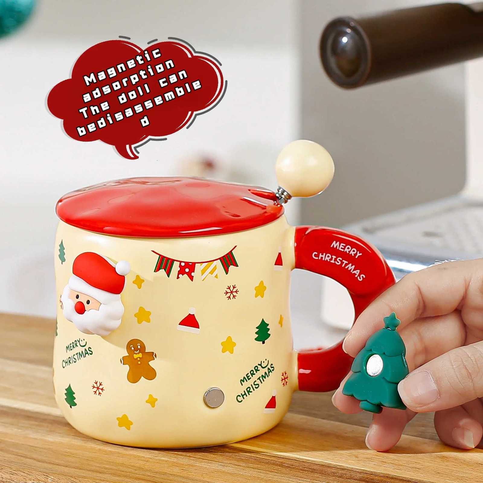 Christmas Ceramic MUg with Lid Cute Santa and Tree Design Coffee Cup Holiday Couple Gift Tea Cup M251206 - view 6