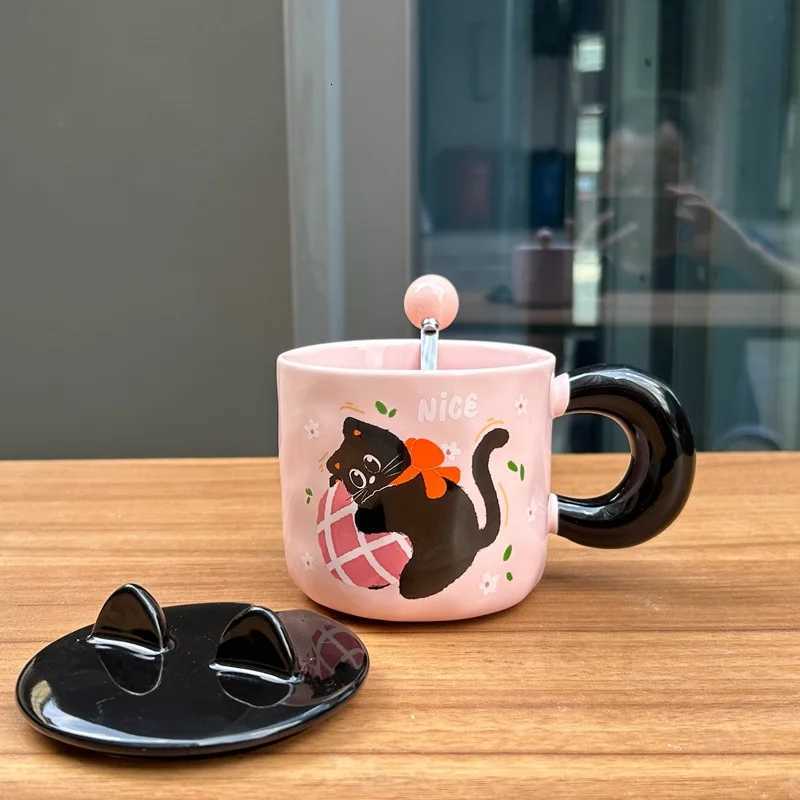 Cute Pink Cat Coffee Mug with Lid and Spoon Creative Ceramic Water Cup Birthday Gift for Girl Friend M251206 - view 3
