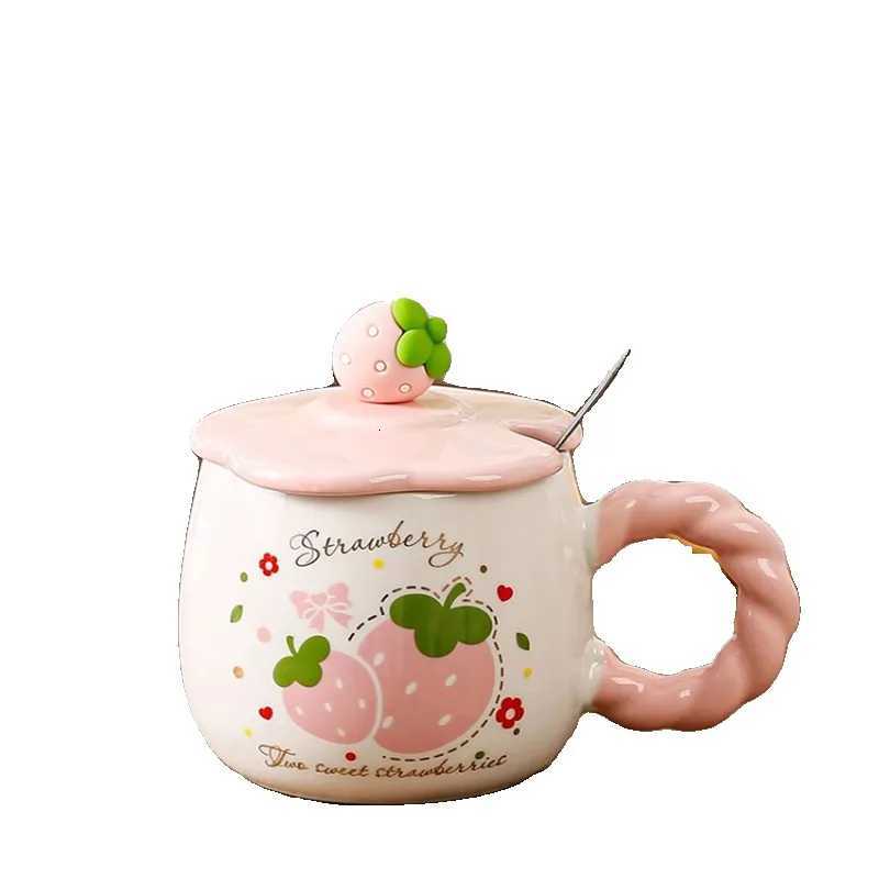 Strawberry Mug with LidCeramic Mugs 420MLKorean Kawaii Coffee CupsCute Breakfast Porcelain Mug for WomanStudent M251206 - view 7