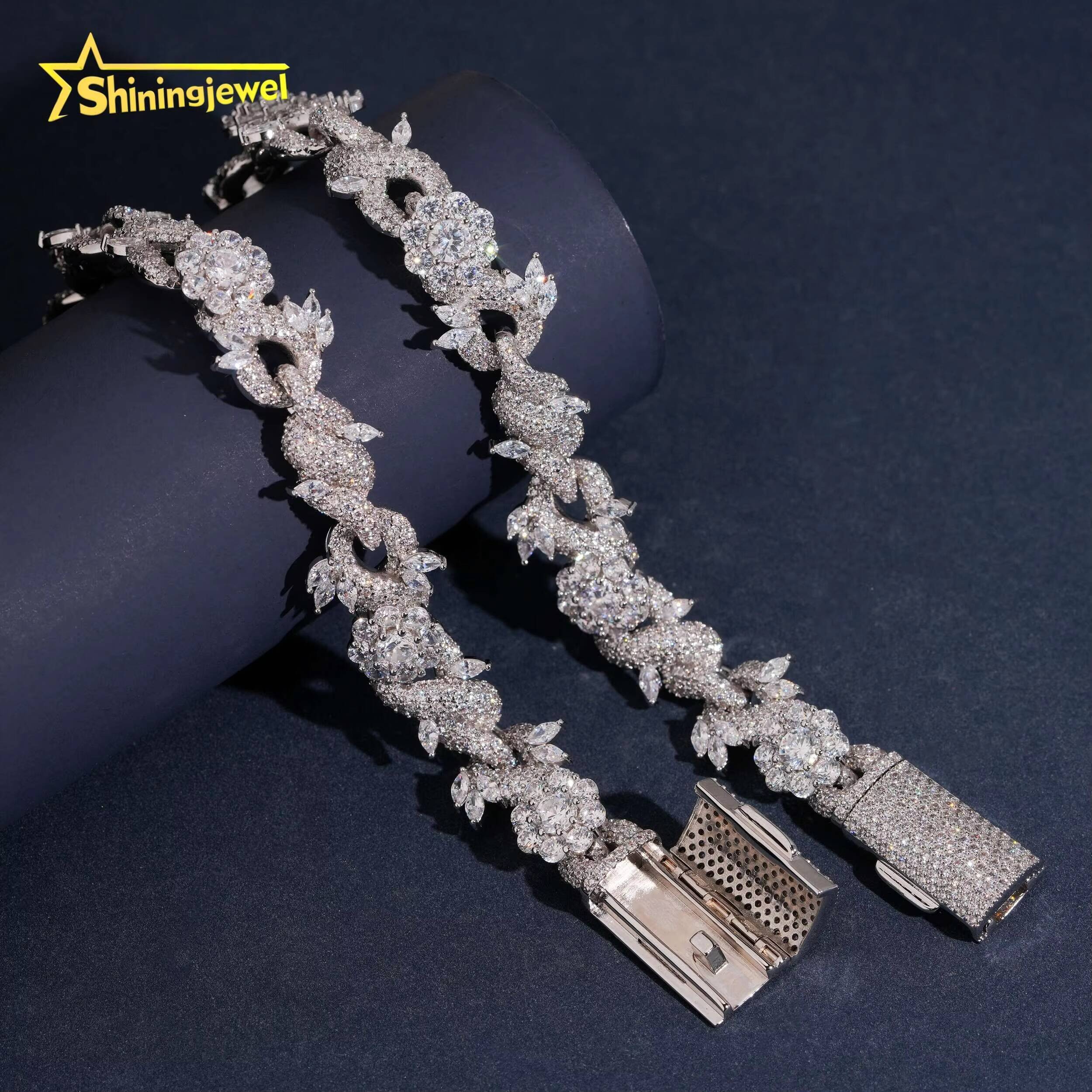 15mm Flower and Leaf Design Moisasnite Cuban Bracelet 925 Silver Moissanite Diamond Bracelet Iced Out Jewelry