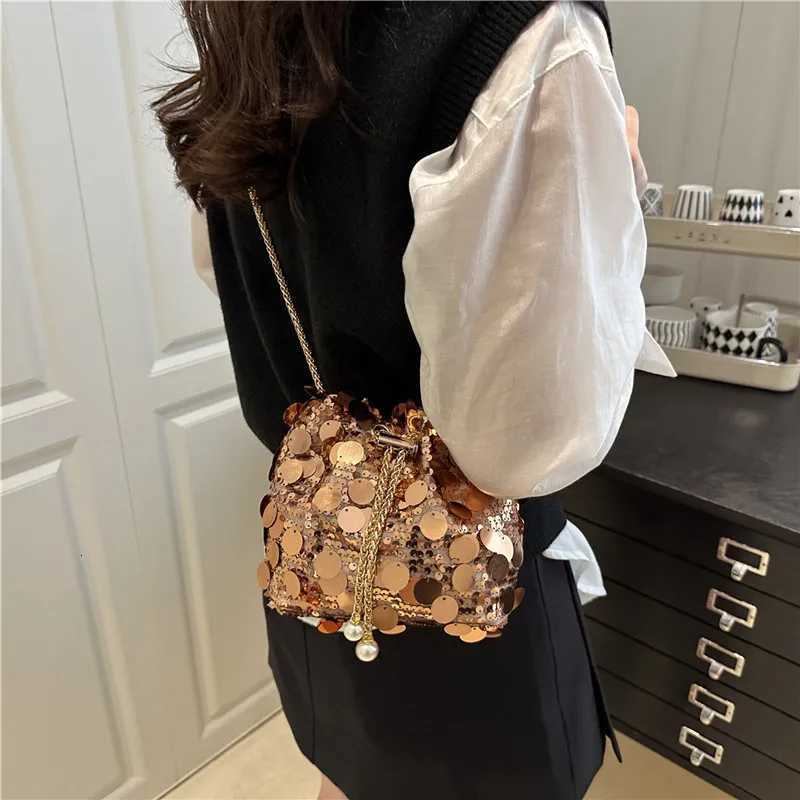Sequin Chain Womens Portable Bucket Shoulder Bags Retro Ladies Dinner Party Clutch Purse Luxury Design Female Crossbody BagT251206