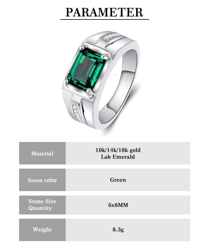LusterGem 10K 14K 18K Solid Gold Lab Grown Emerald With Moissanite Diamond Rings GRA 6x8mm 3ct for Men