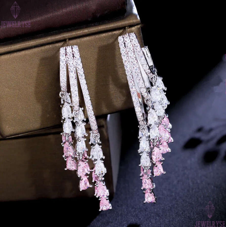 Charm Long Tassel Pink AAA Zirconia Cubic Earring Designer for Woman Party 925 Sterling Silver Post Diamond Earrings South American Wedding Engagement