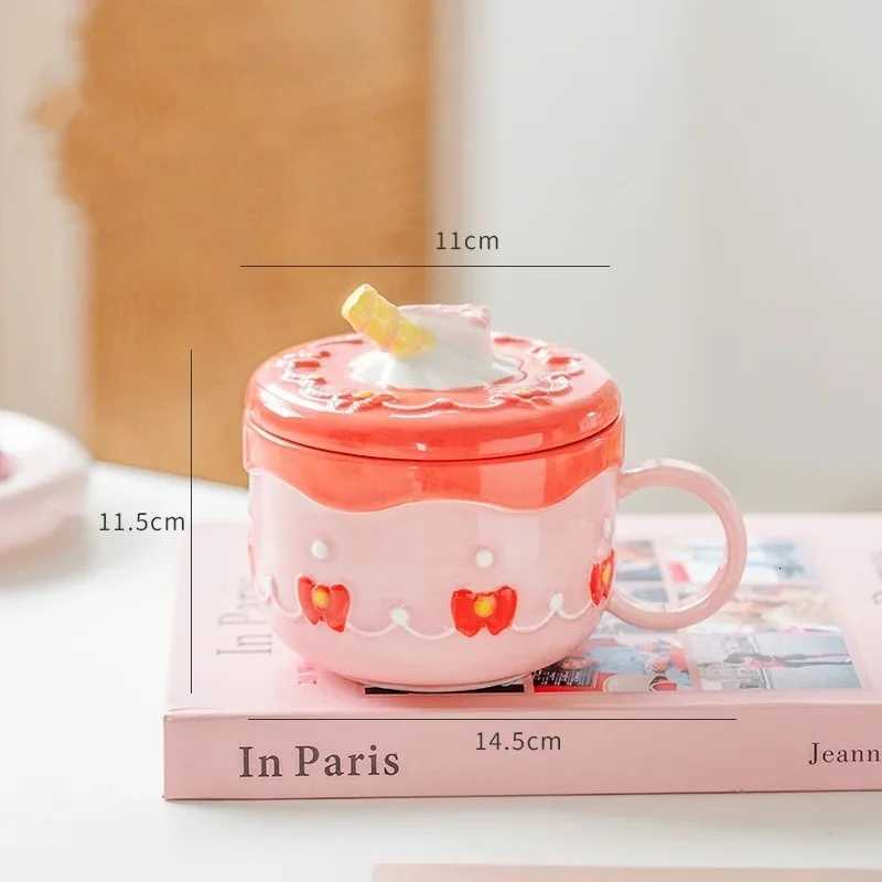 430ml Ceramic Coffee Mug Creative Cute Cake Embossed Pattern Water Cup Large Capacity with Cover Home Office Juice Mugs Gift M251206 - view 7