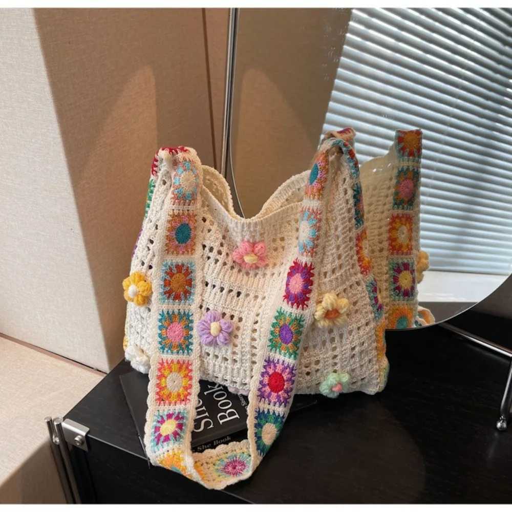 Fashion Large Capacity Women Shoulder Bag Floral Crochet Vintage Handbag Boho Hollow Out Knitted Crossbody BagsT251206