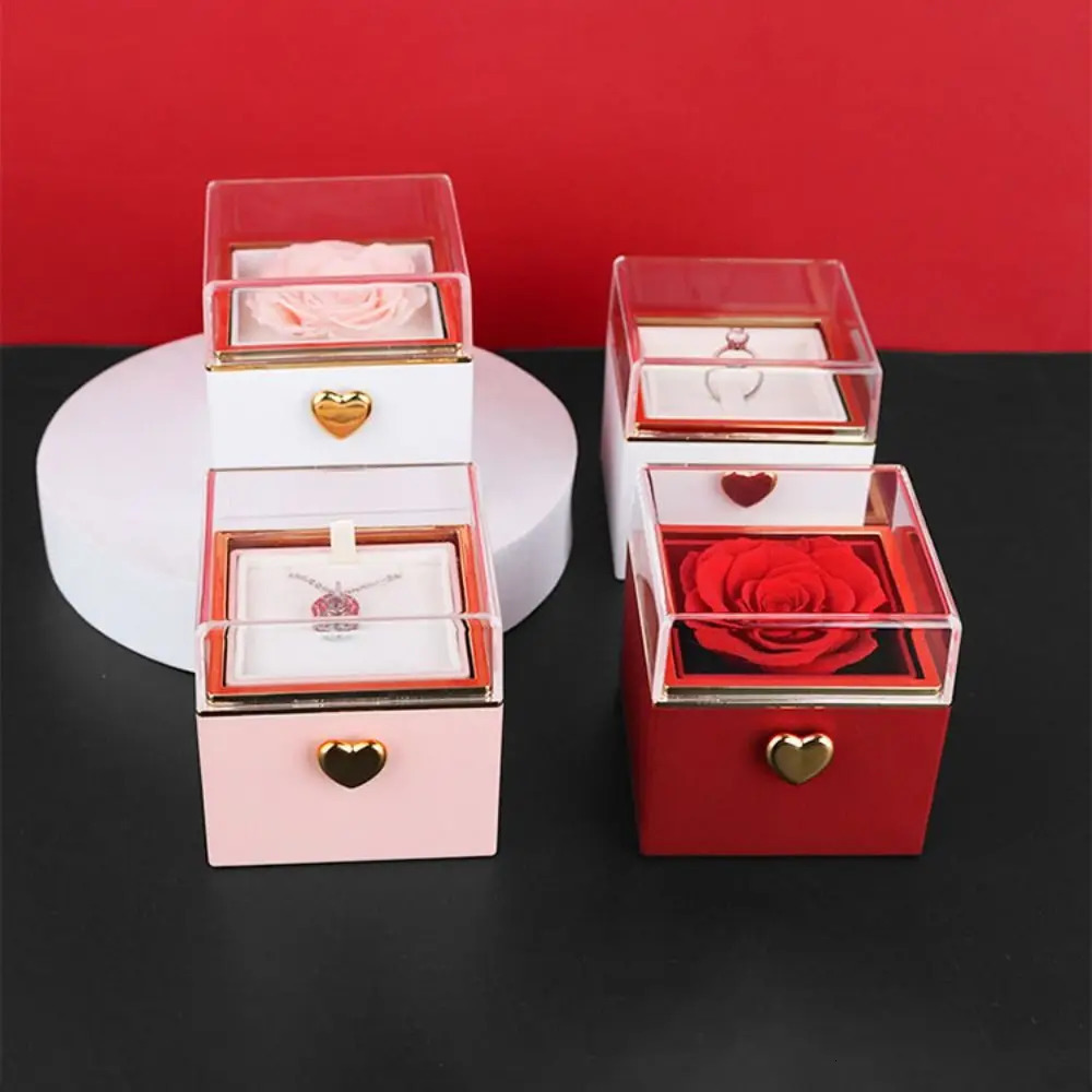 Rotation Rose Jewelry Gift Box Ring Display Eternal Rose Proposal Ring Boxes Dustproof Jewelry Display Rack Mothers Day 251201
