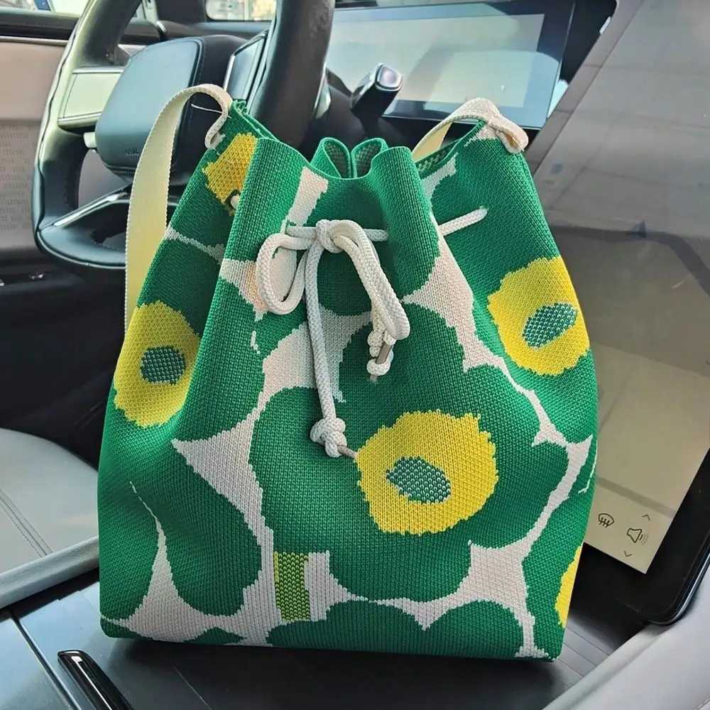 Womens Fashionable Flower Pattern Bucket Bag Casual Elegant Shoulder Bag Simple Drawstring Closure HandbagT251206