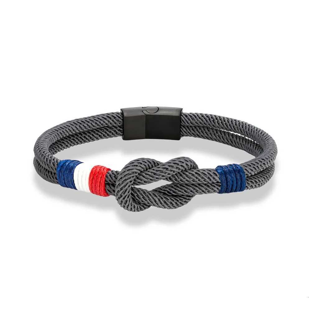 MKENDN Black Stainless Steel Square Knot Rope Bracelet Men Women Handmade Woven Double-Layer Design France Flag Couple Jewelry W251206