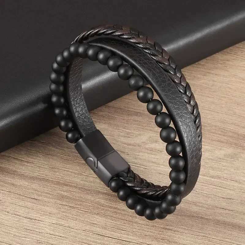 Vintage Punk Hand Woven Three Layer Leather Black Beaded Bracelet Magnetic Bracelet Clasp Mens Charm Business Event Jewelry W251206