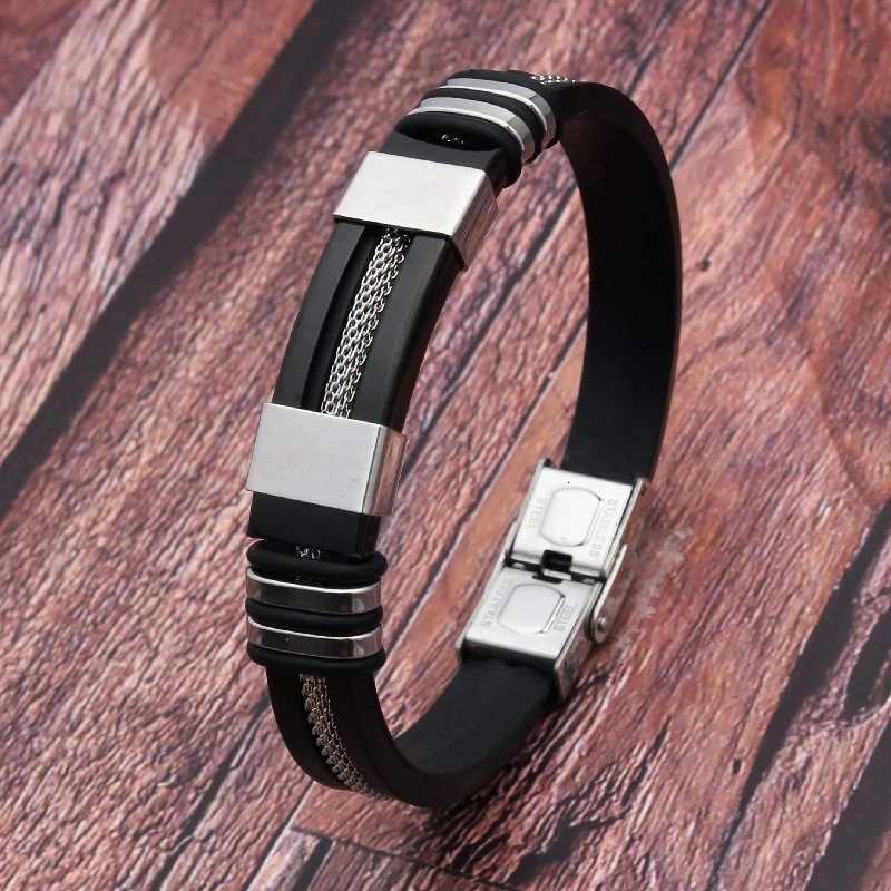 Stainless Steel Silicone Leather Bracelet For Men Sports Hand Chain Jewelry Accessories Male Gift W251206