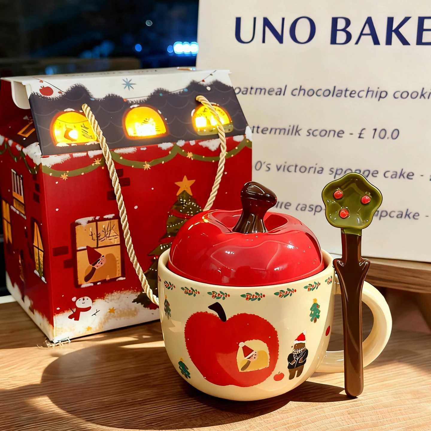 Cute Christmas Apple Ceramic Mug Gift Box with Lid Spoon Kawaii Cup High-quality Milk Coffee Mugs Birthday Gift Tea Cup420ml M251206 - view 3