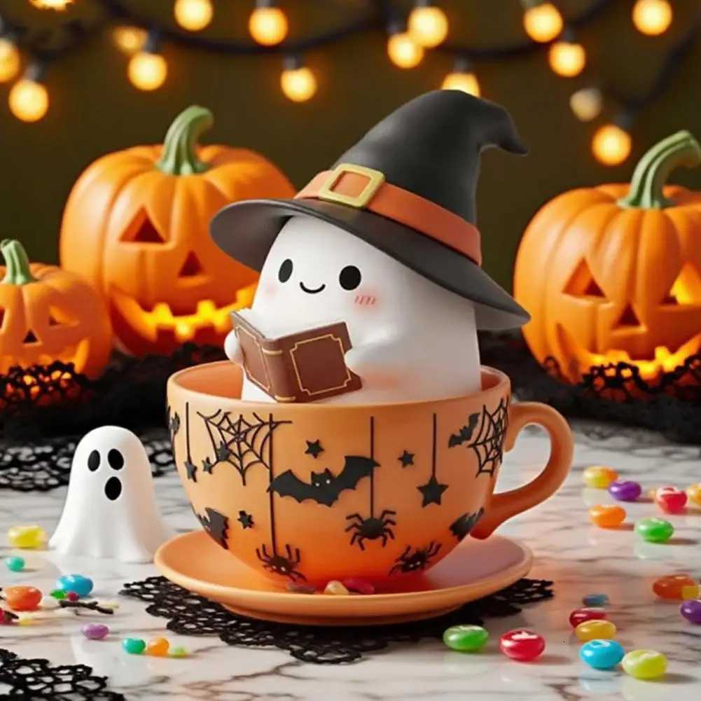 Halloween Ghost Teacup Figurine Witch Hat Reading Ghost Statue Resin Sculpture Holiday Party Desktop Decoration Ornament M251206 - view 6