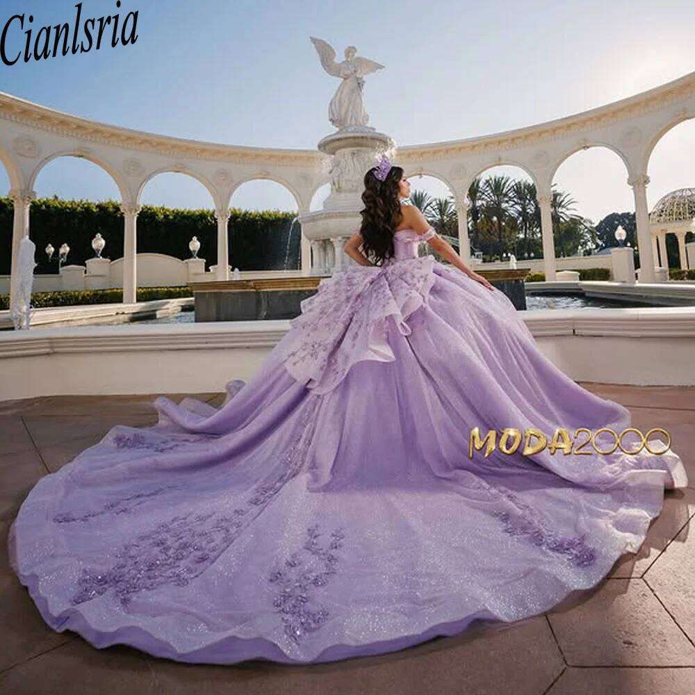 Glittering Lilac Quinceanera Dresses Luxury Lace Flowers Vestidos De Anos Birthday Party Princess
