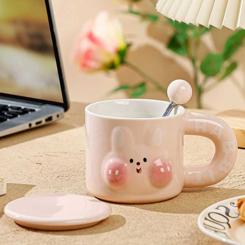 Cute Rabbit Ceramic Mug Home Water Cup Girls Office Coffee Cup Cartoon Milk Mug with Lid Spoon Breakfast Mugs Birthday Gift New M251206 - view 5
