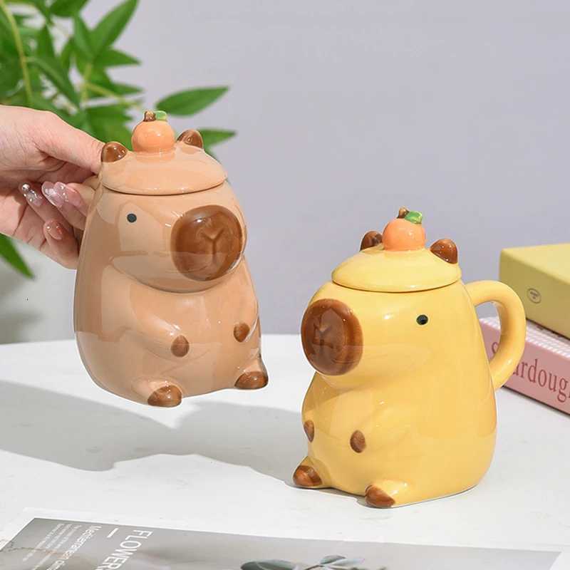 1pc 3D Cartoon Capybara Couple Cup With Handle And Lid Mug Ceramic Coffee Mug M251206 - view 3