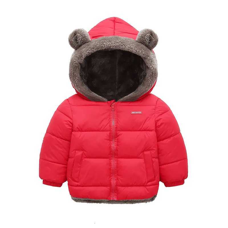 Childrens winter coat boys plush thick down jacket girls warm zipper rabbit ear hooded jacket solid color casual ovrcoatW251206