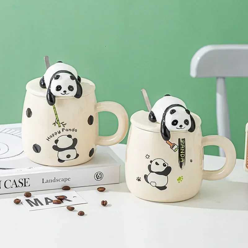 420ml Ceramic Hand-painted Panda Coffee Mug with Lid Spoon Cute Cartoon Pattern Couple Drinking Cup Gift Cup M251206 - view 3