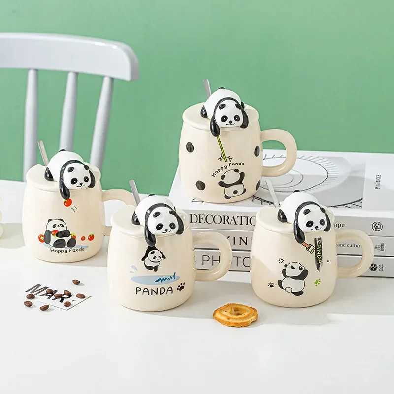 420ml Ceramic Hand-painted Panda Coffee Mug with Lid Spoon Cute Cartoon Pattern Couple Drinking Cup Gift Cup M251206 - view 7