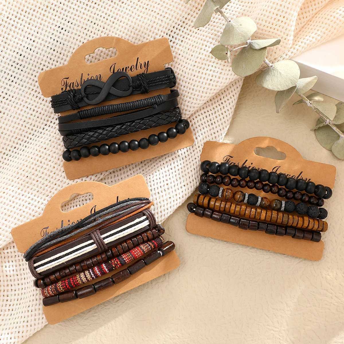 15 Pcs/set Classic Mens Leather Bracelet Vintage Style Hand-woven Multi-layer Combination Accessory Fashion Man Jewelry Gifts W251206