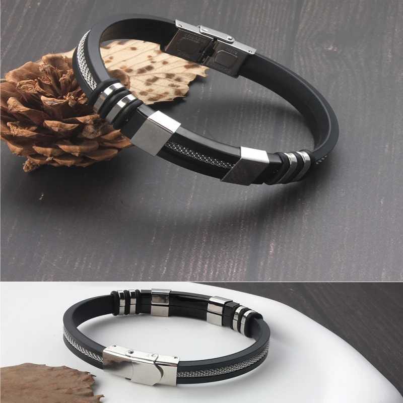 Stainless Steel Silicone Leather Bracelet For Men Sports Hand Chain Jewelry Accessories Male Gift W251206