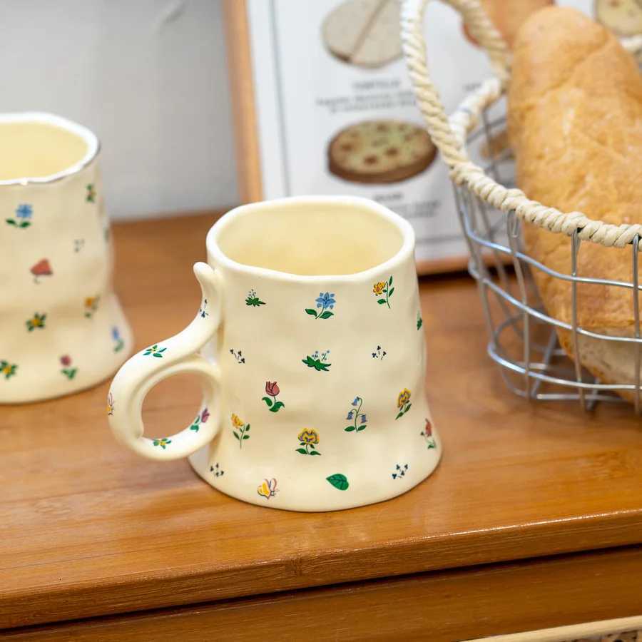 370ml French Retro Water Cup For Girls High Beauty Flowers Couple Cup Broken Flower Ceramic Mug Household Milk Coffee Cup M251206 - view 3
