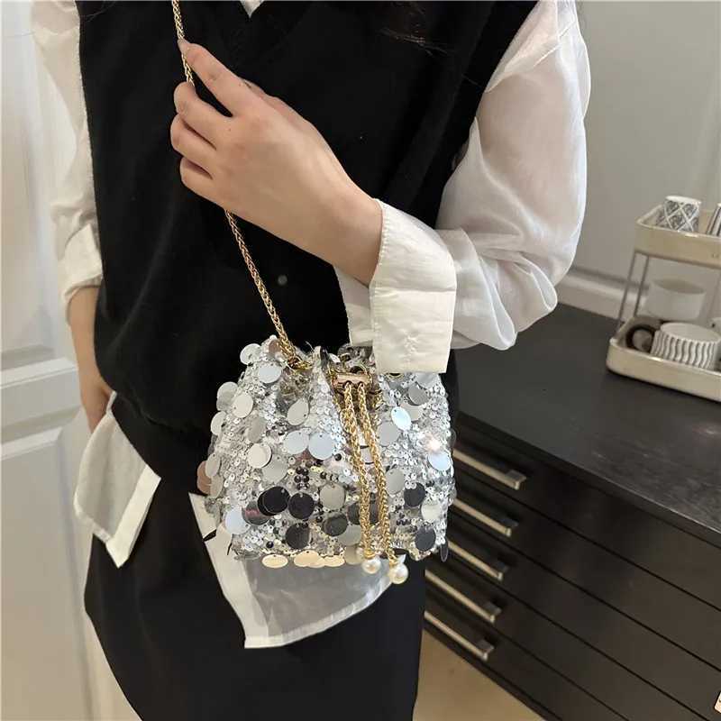 Sequin Chain Womens Portable Bucket Shoulder Bags Retro Ladies Dinner Party Clutch Purse Luxury Design Female Crossbody BagT251206