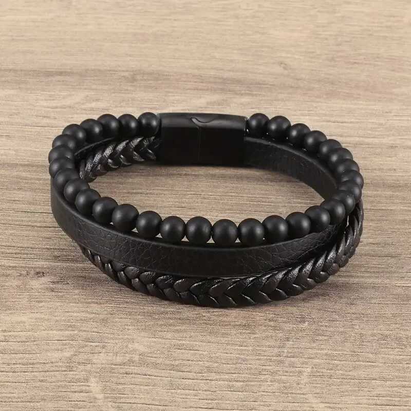 Vintage Punk Hand Woven Three Layer Leather Black Beaded Bracelet Magnetic Bracelet Clasp Mens Charm Business Event Jewelry W251206
