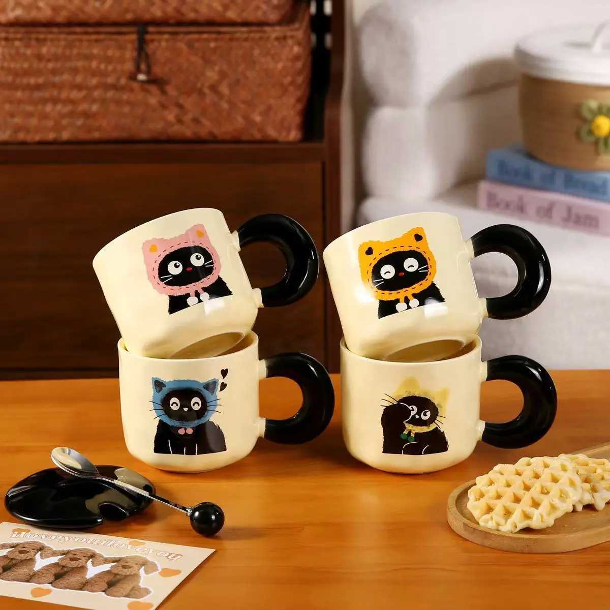 Great Birthday Gift for Girls - Adorable Ceramic Cat Mug with Lid and spoon Couples Water Cup Practical Coffee Mug M251206 - view 6
