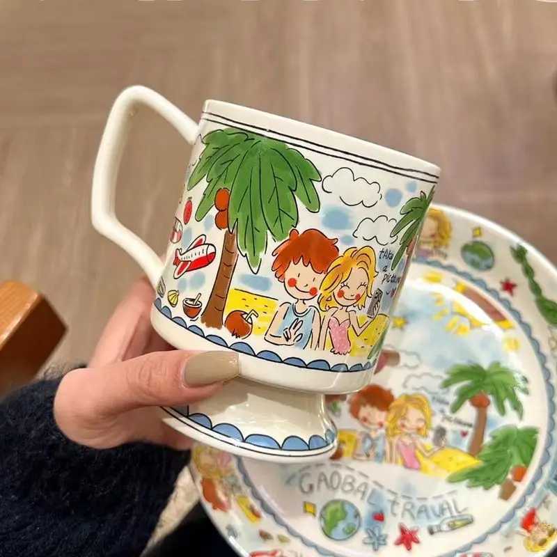 Vigorous Girls High Cup French Coffee Cup Handpainted Cute Cartoon Task Breakfast Bowl Handmade Tea Cup Saucer Set Cute Gift M251206 - view 1