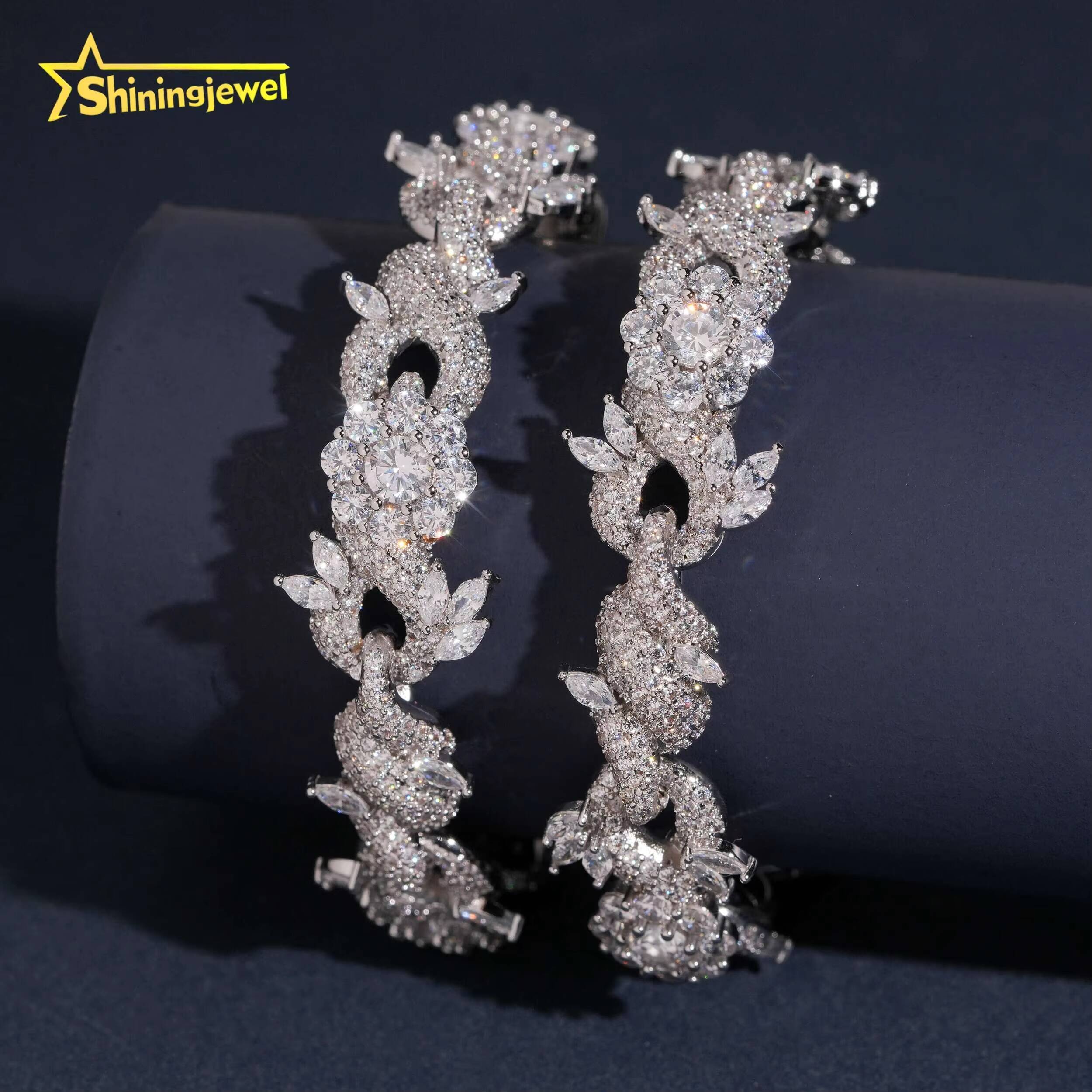 15mm Flower and Leaf Design Moisasnite Cuban Bracelet 925 Silver Moissanite Diamond Bracelet Iced Out Jewelry