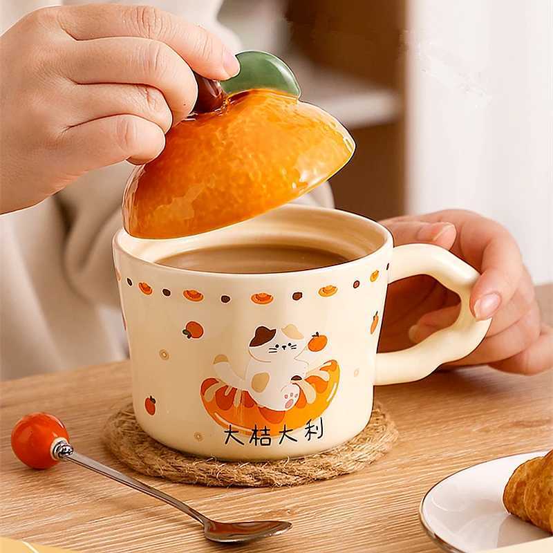 New Years Orange Water Cup Female Birthday Gift Handheld Ceramic Cup Cute Office Mug with Lid M251206 - view 4