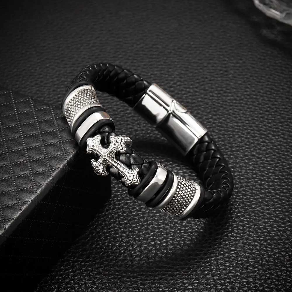 Fashion Stainless Steel Cross Bangles with Charms Chakra Men Classic Punk Leather Bracelet Male Braided Multilayer Bracelet W251206