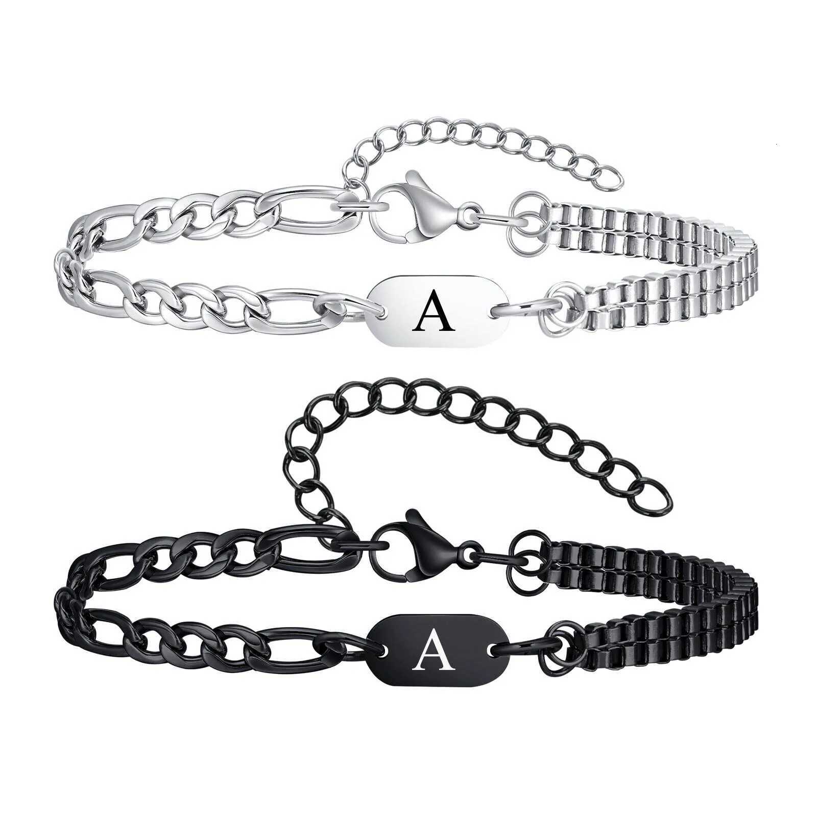 Initials Bracelets for Men Women CoupleAlphabet A-Z 26 Letter Stainless Steel Chain Link WristbandValentines Day Gift for BBF W251206