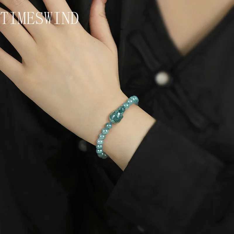 TIMESWIND Authentic Jade Blue Natural Round Beaded Coin Dragon Turtle Wealth Women Bracelet with Certificate W251206