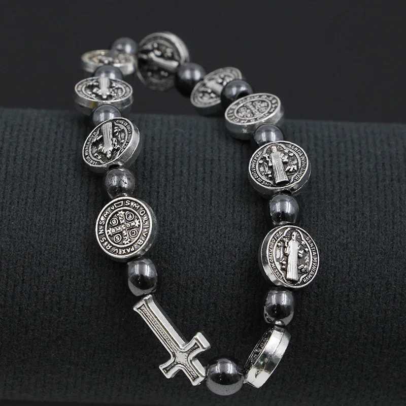 VILLWICE Catholic Rosary Bracelet St Benedict Medal Cross Prayer Bracelets Hematite Beads Religion Jewelry Accessories W251206
