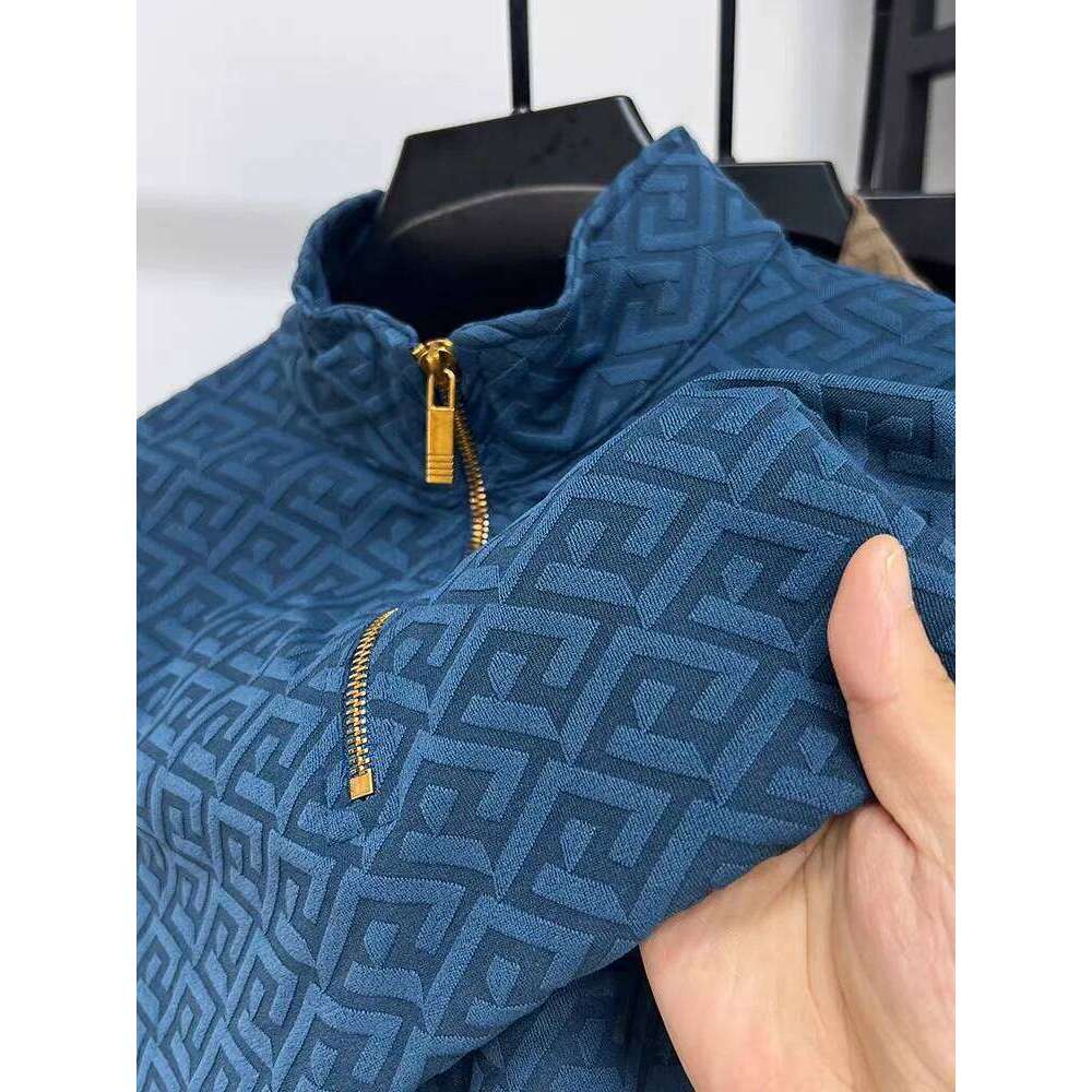 High End Brand Fashion Jacquard Long Sleeve T-Shirt Men's Casual Sweater Autumn Trend Korean Style Half Zipper Collar Pullover