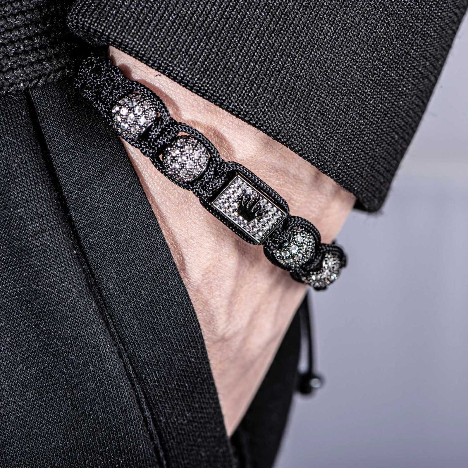 New Mens Adjustable Black Braided Crown Design Bracelet with Sparkling Synthetic Zirconia Stones Elegant GoldenTone Rectangular W251206