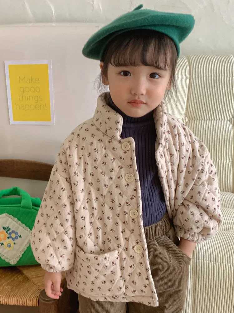Quilted Jacket for Girl Girls Winter Coat Parka Flower Printed Kids Casual Warm Cotton Outerwear Coats Infant Padding 2023 NewW251206