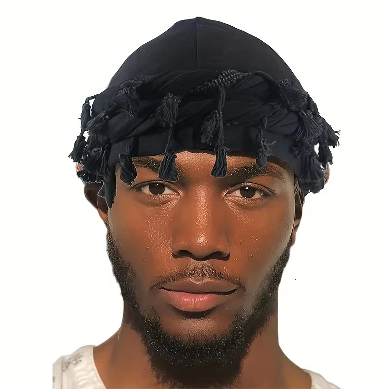 2026 Vintage Twist Head Wraps Durag With Tassel for Men Black Grey Turban Scarf Tie Boys Hair Wrap 251205