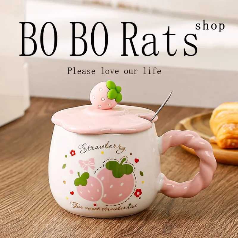 Strawberry Mug with LidCeramic Mugs 420MLKorean Kawaii Coffee CupsCute Breakfast Porcelain Mug for WomanStudent M251206 - view 5