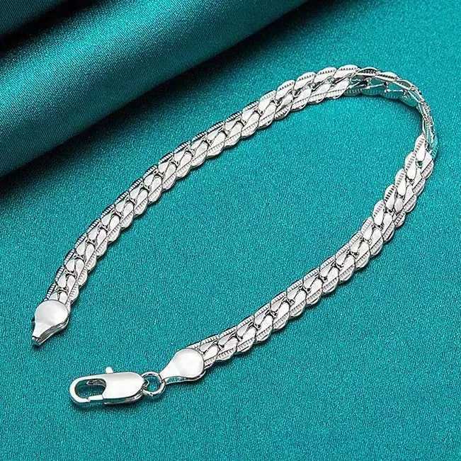 925 Sterling Silver Bracelet 6mm 18/20cm Flat Side Chain Lobster Clasp Bracelet For Woman Man Party Wedding Jewelry Holiday Gift W251206