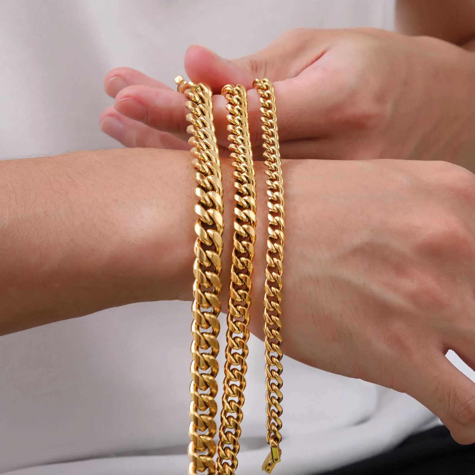Gold Color Cuban Chain Bracelets for Men6/8/10/12MM Stainless Steel Chain Link WristbandCasual Hip Hop Male Jewelry Gift W251206