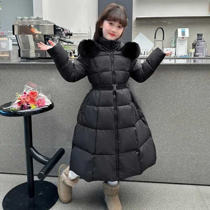 2024 Girls Winter Extended Down Cotton Jacket New Childrens Fashion Belt with Big Hairy Collar Warm Pink Black Cotton CoatW251206
