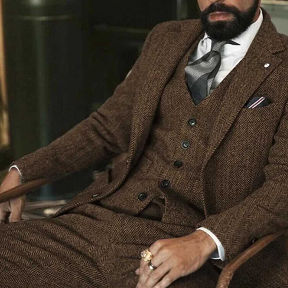 Mens Winter Tweed Wool Grey Slim Fit Formal Wedding Terno Fishbone 3 Piece Smoking Suit Male Ternos Ca G251206