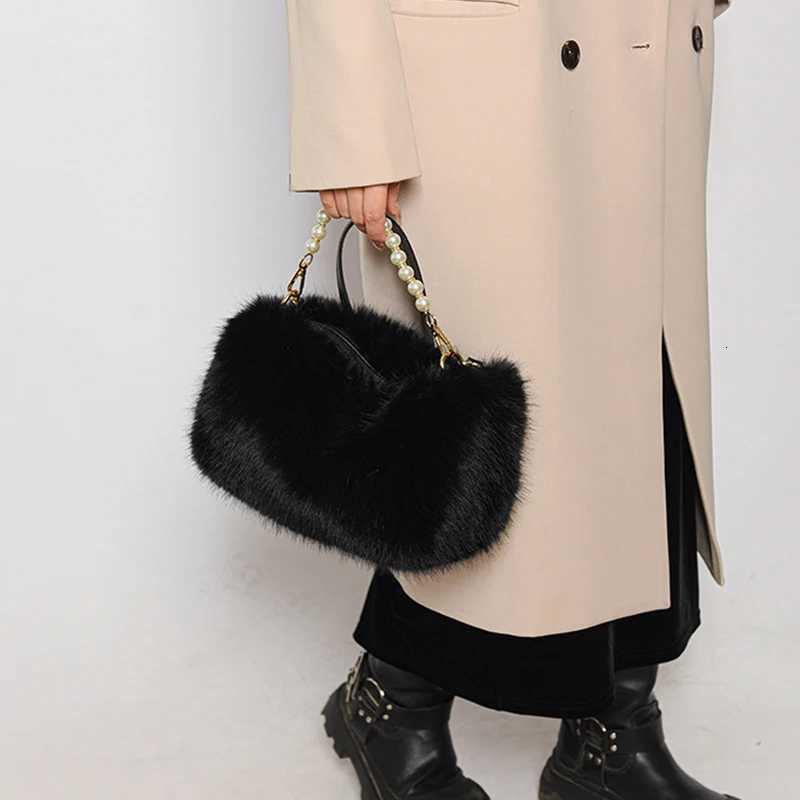 Candy Color Pearl Handle Womens Plush Crossbody Bag Portable Female Furry Handbags Winter Fashion Casual Ladies Shoulder BagsT251206