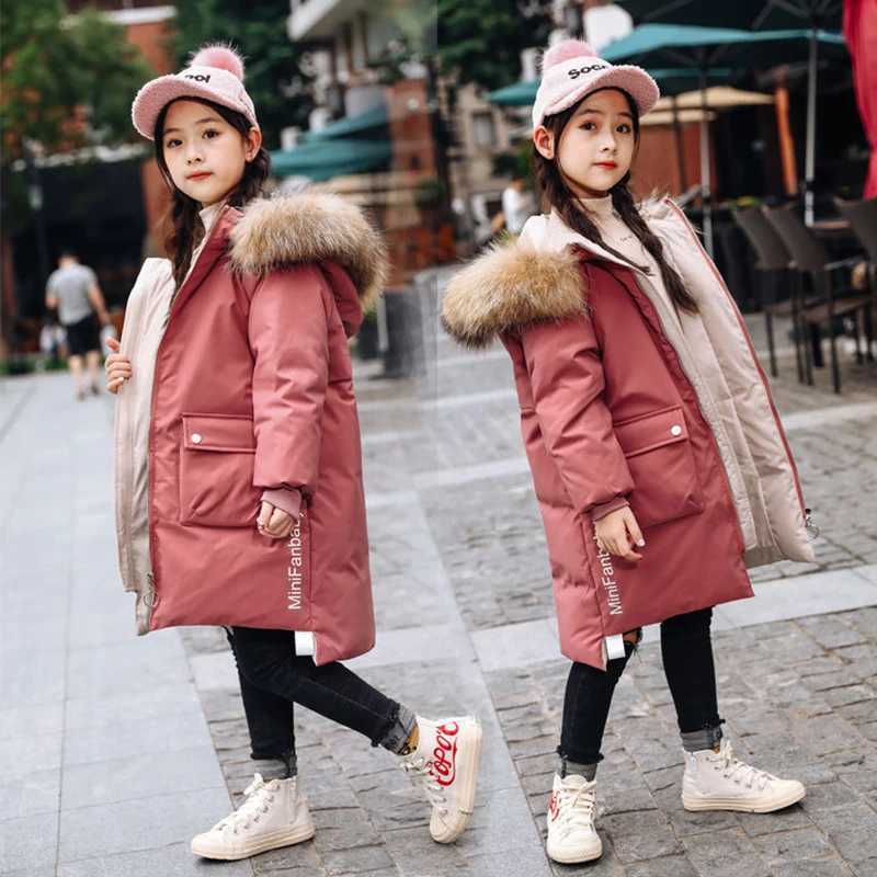 4-13 Year Teen Girls Winter Jacket Fashion Fur Collar Hooded Long Coat For Girls Parka Overcoat Thicken Warm Childrens ClothingW251206