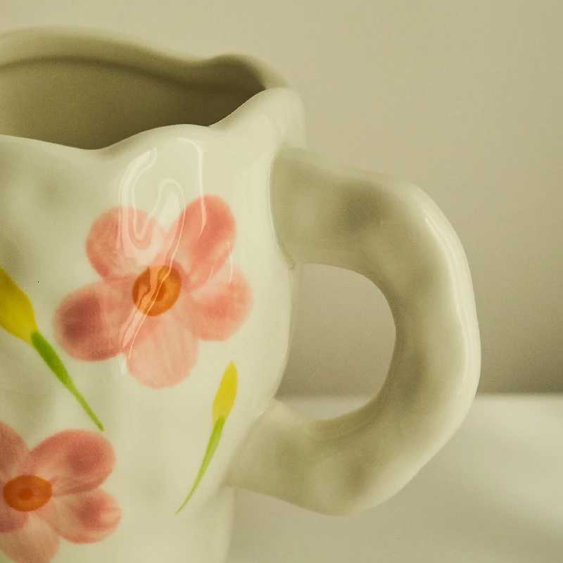 Korean Style Coffee Mug Irregular Hand-painted Flowers Mug Breakfast Milk Cup Ceramic Coffee Cup Ceramic Mugs M251206 - view 6