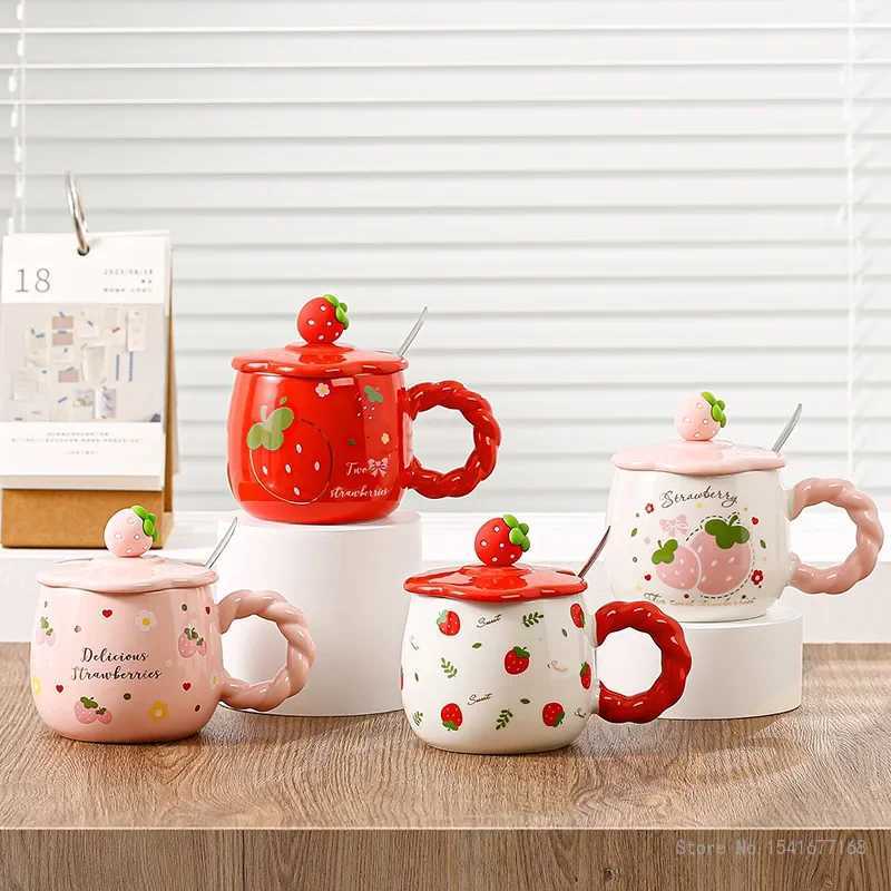 Creative Ceramic Cartoon Strawberry Pattern Milk Cup with Cover Chinese Style Home Office Supplies Handle Breakfast Mug 1Pc M251206 - view 7