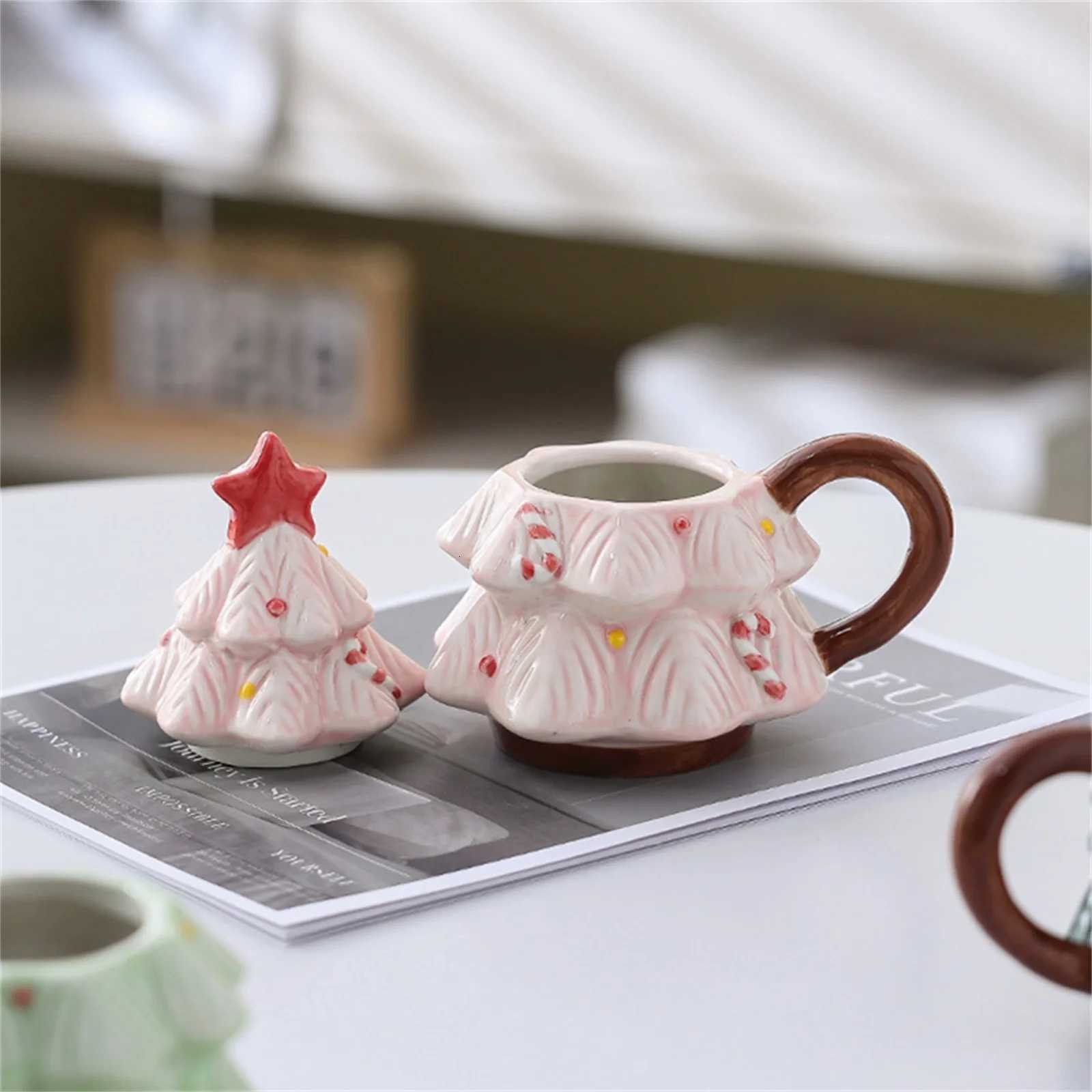 Ceramic Christmas Tree Mug with Lid and Brown Hand Grip Star Coffee Mug Party Cups Home Office Dishwasher and Microwave Safe M251206 - view 4